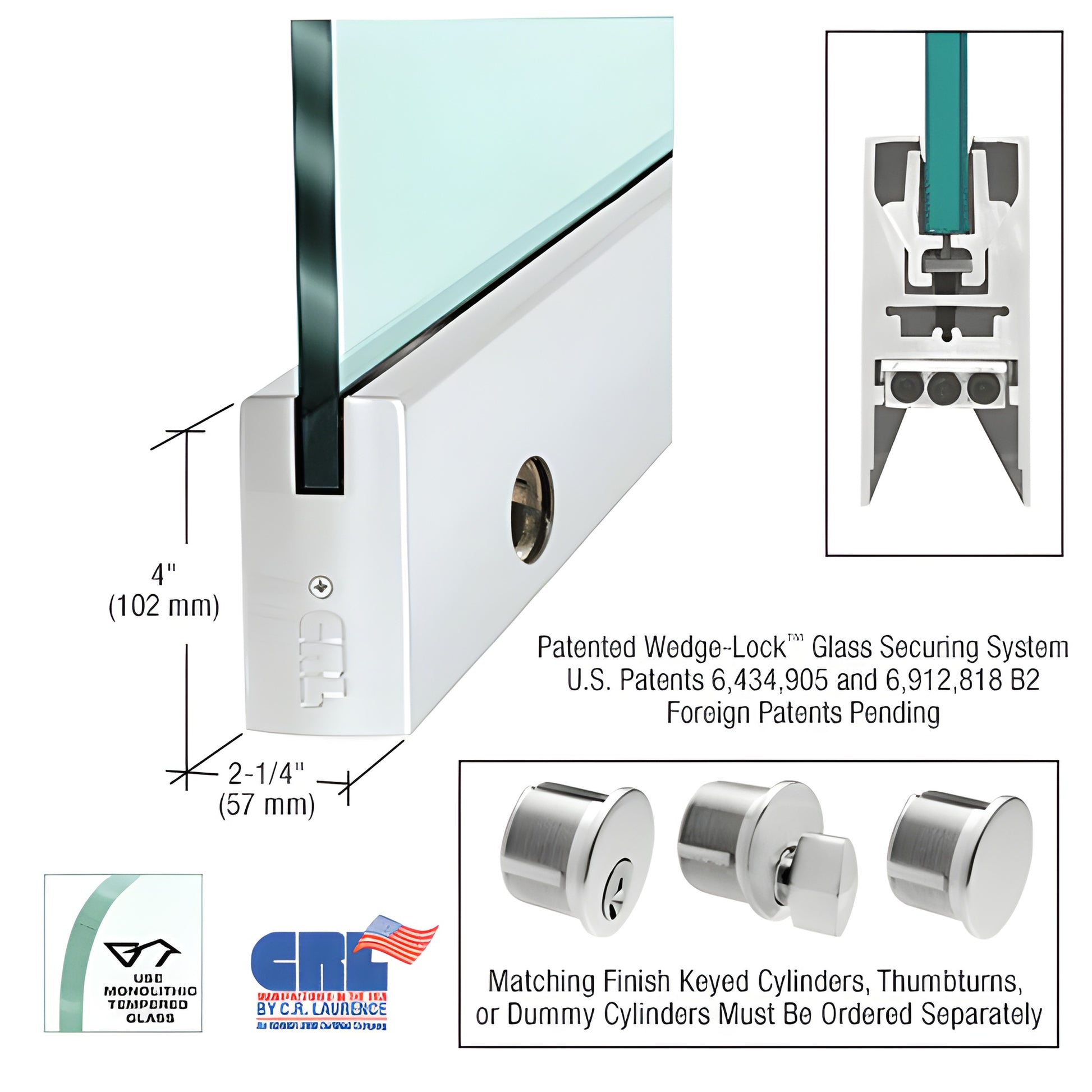 4 in satin anodized aluminum Wedge-Lock door bottom rail for 3/4 in glass with lock, square profile (SKU DR4SSA34CL)