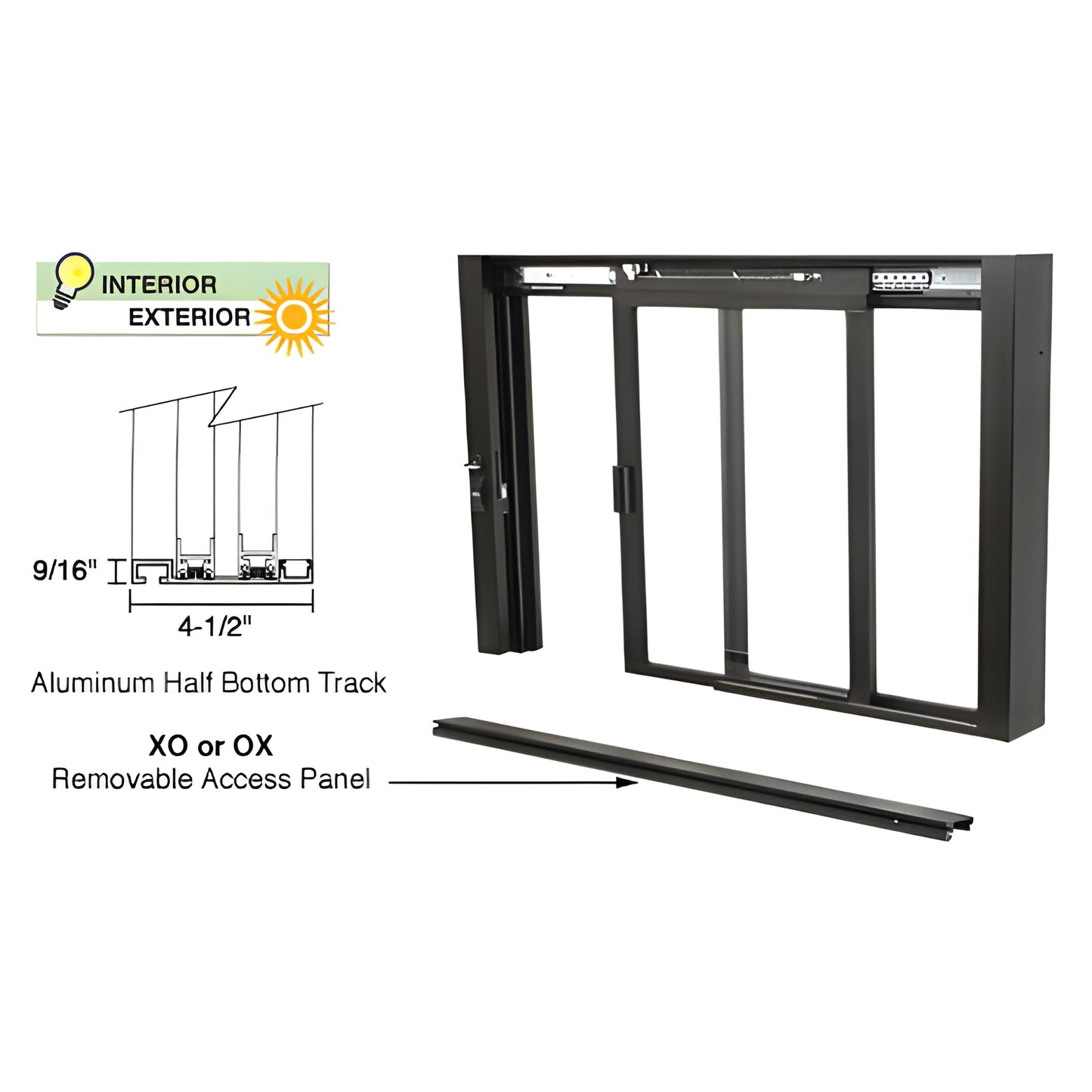 SCDW1801DU bronze anodized aluminum self-closing sliding service window XO with removable access panel and half bottom track