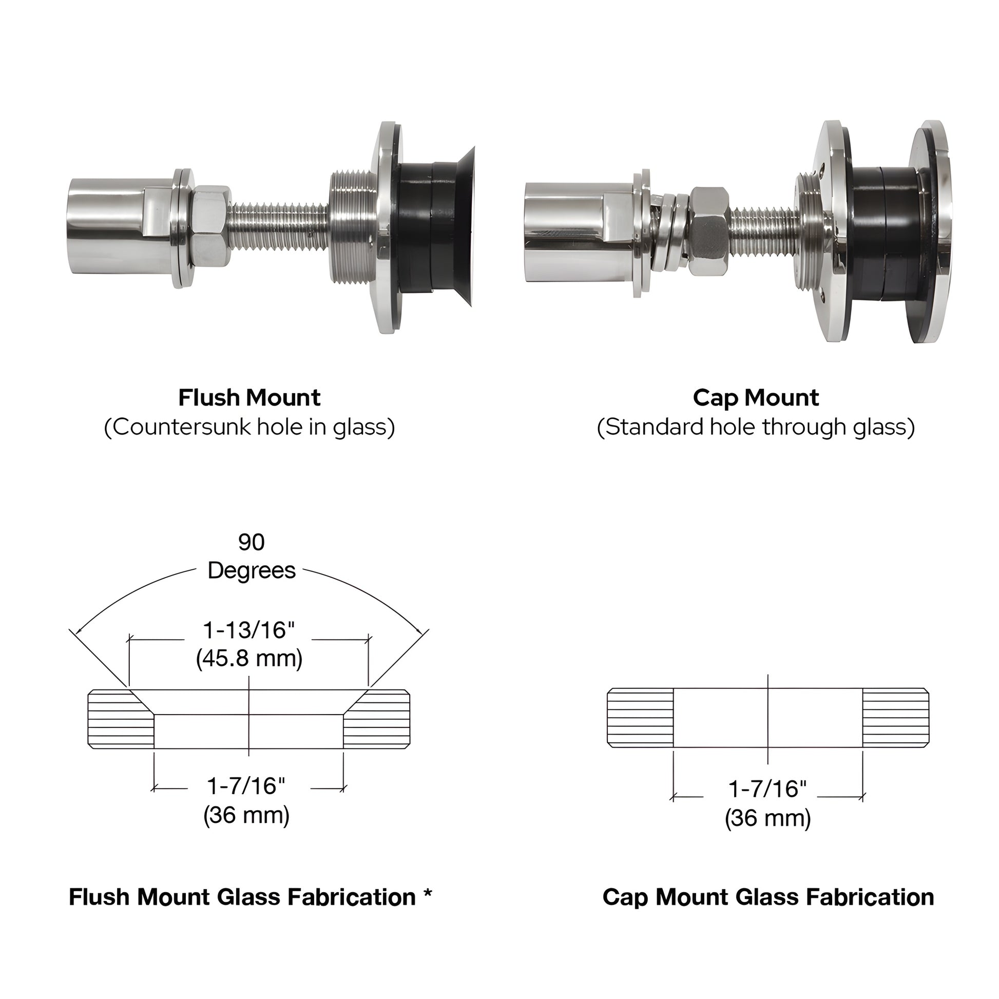 HRF14PS stainless steel rigid head glass attachment, polished 316 SS, for 12-27mm tempered glass, low-profile all-glass look