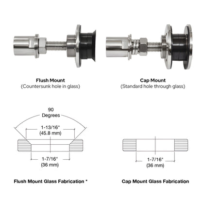 HRF14PS stainless steel rigid head glass attachment, polished 316 SS, for 12-27mm tempered glass, low-profile all-glass look