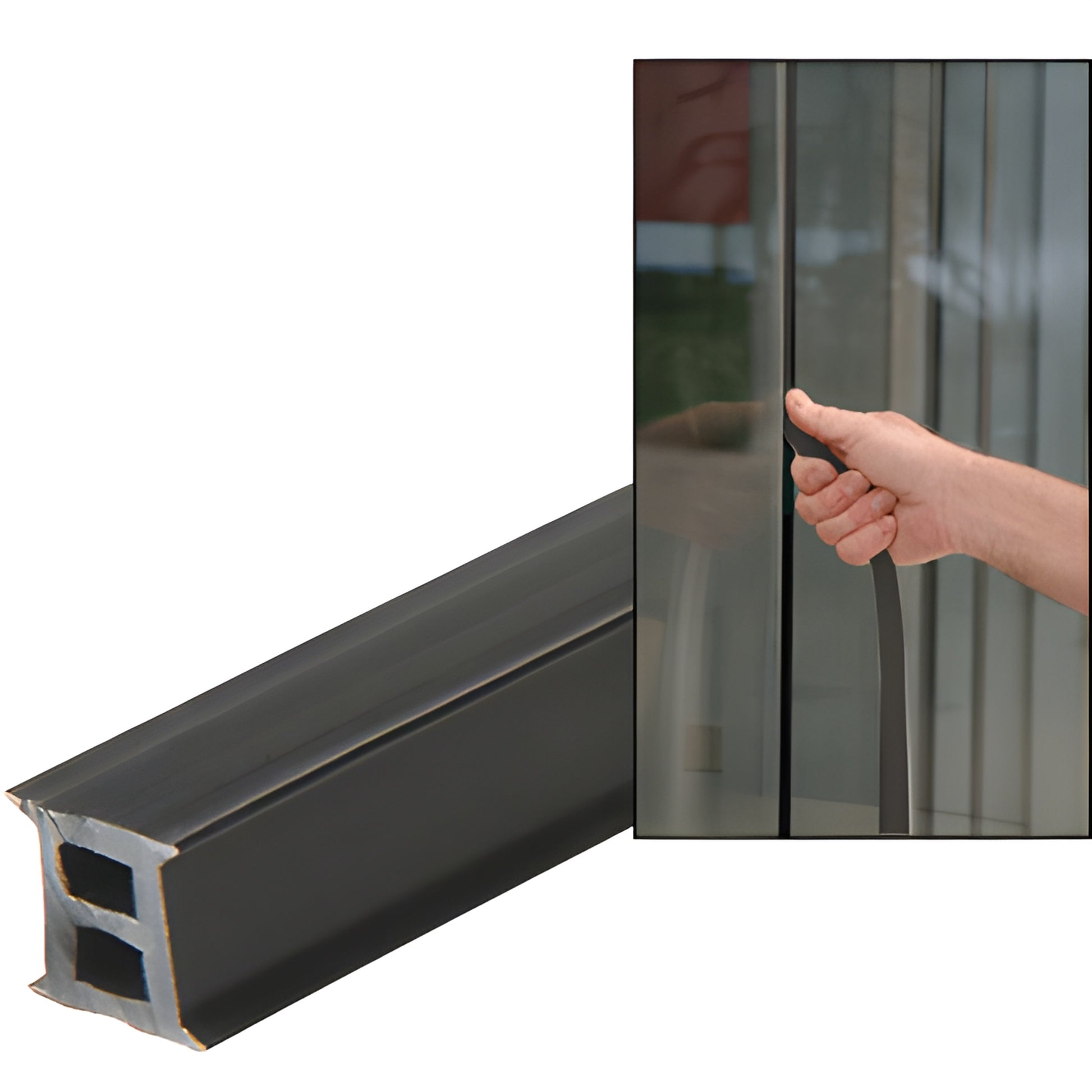 Black silicone EZ GLAZE soundstrip (SKU EZ38BL) for 3/8" glass; glass-to-glass gasket shown being installed by hand.