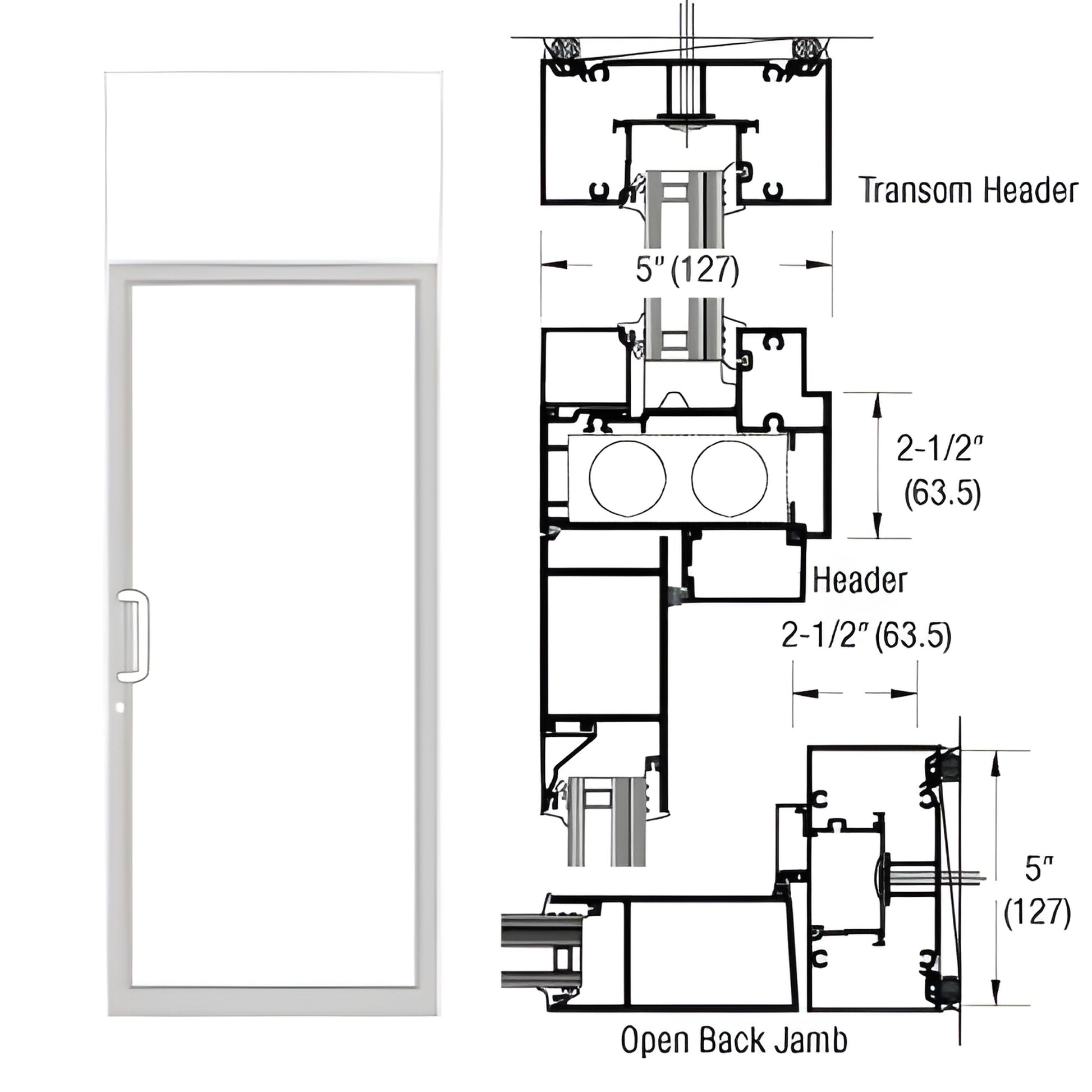 White Kynar custom single transom door frame, 2-1/2" x 5", prepped for 1-1/2" butt hinges, TH811 threshold. SKU 0F91452
