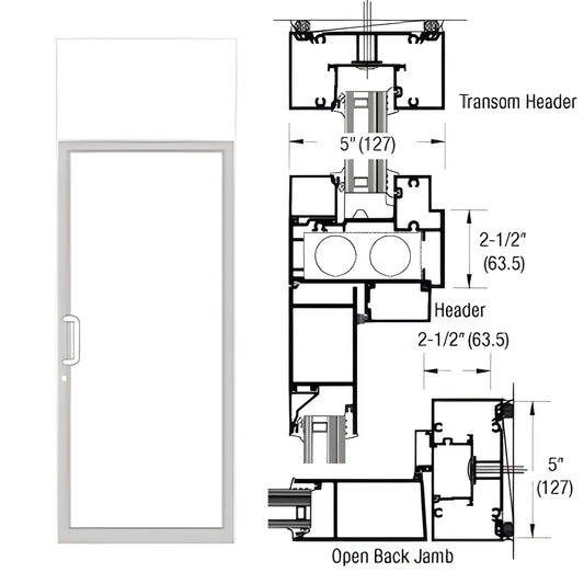 White Kynar transom door frame with handle and technical cross-section drawings, SKU 0F91952