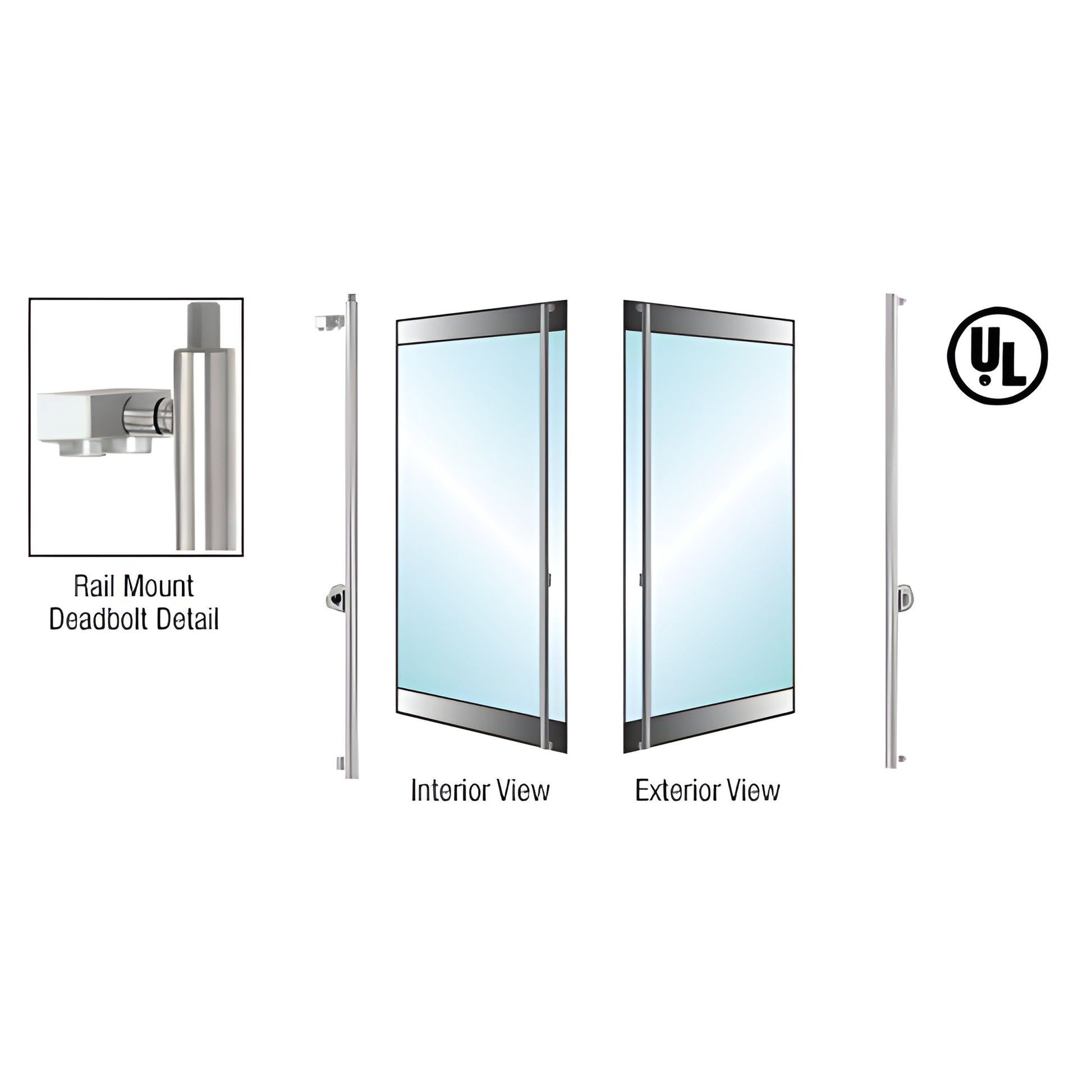 DB130F3R1PS polished stainless steel 1-1/4" rail-mount deadbolt access handle for 1/2" glass doors, interior/exterior views.