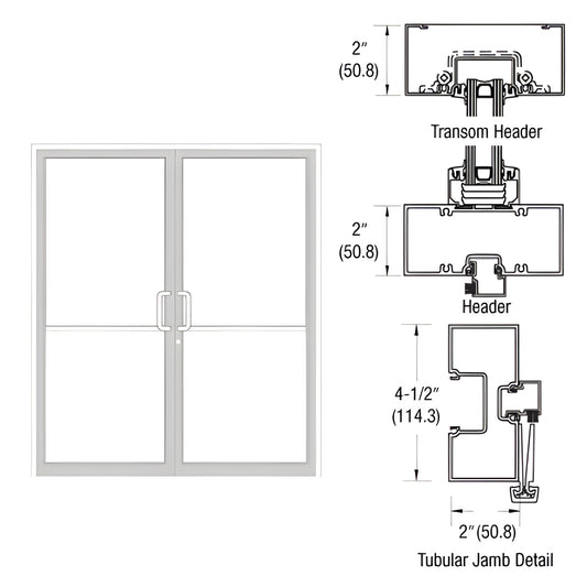 FR92852 white Kynar gear-hinge transom frame - double swing door drawing with tubular jambs, aluminum threshold, dimensions.