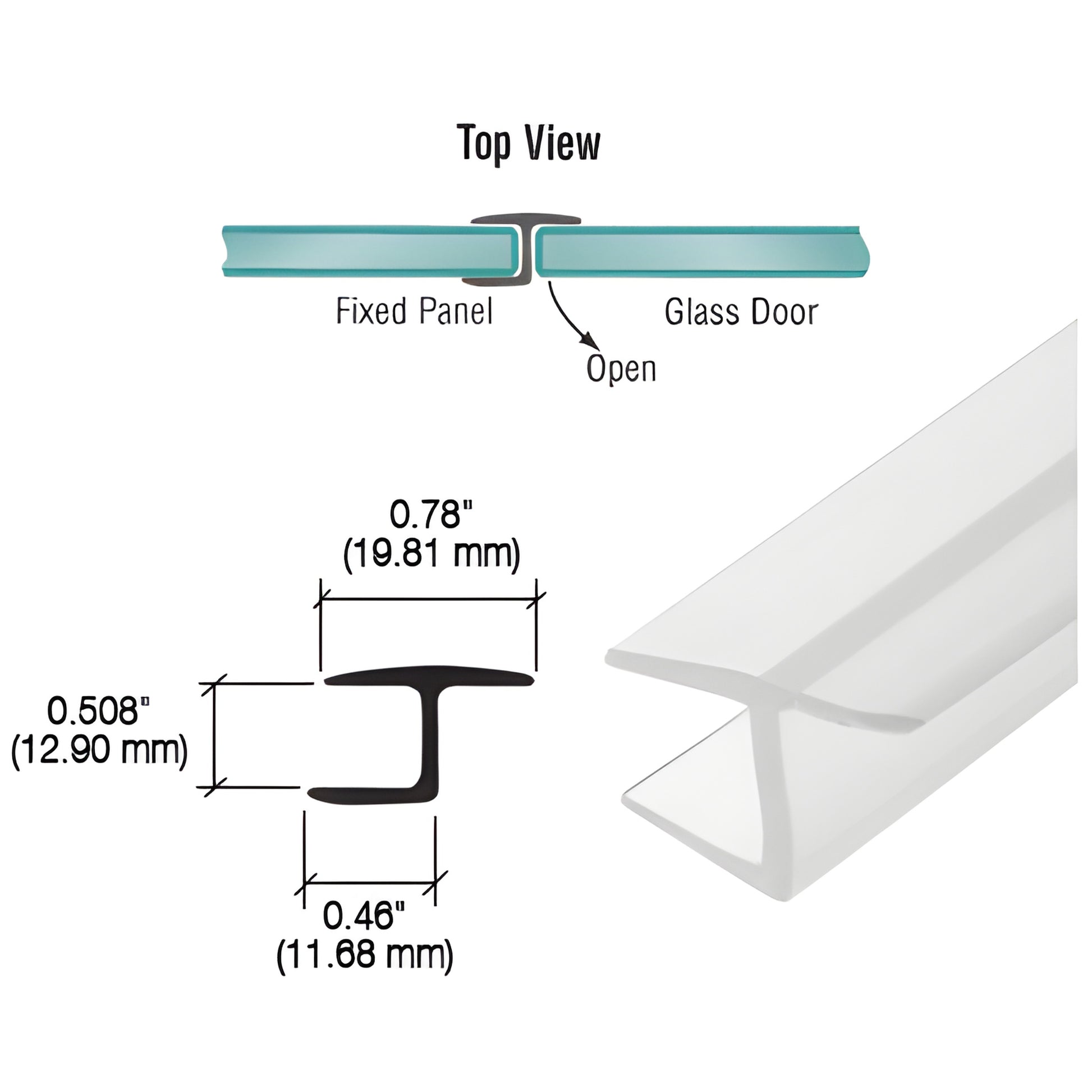 PCC12 CRL Y jamb seal, clear polycarbonate 12mm glazing, snap-on soft leg for 180 glass-to-glass doors.