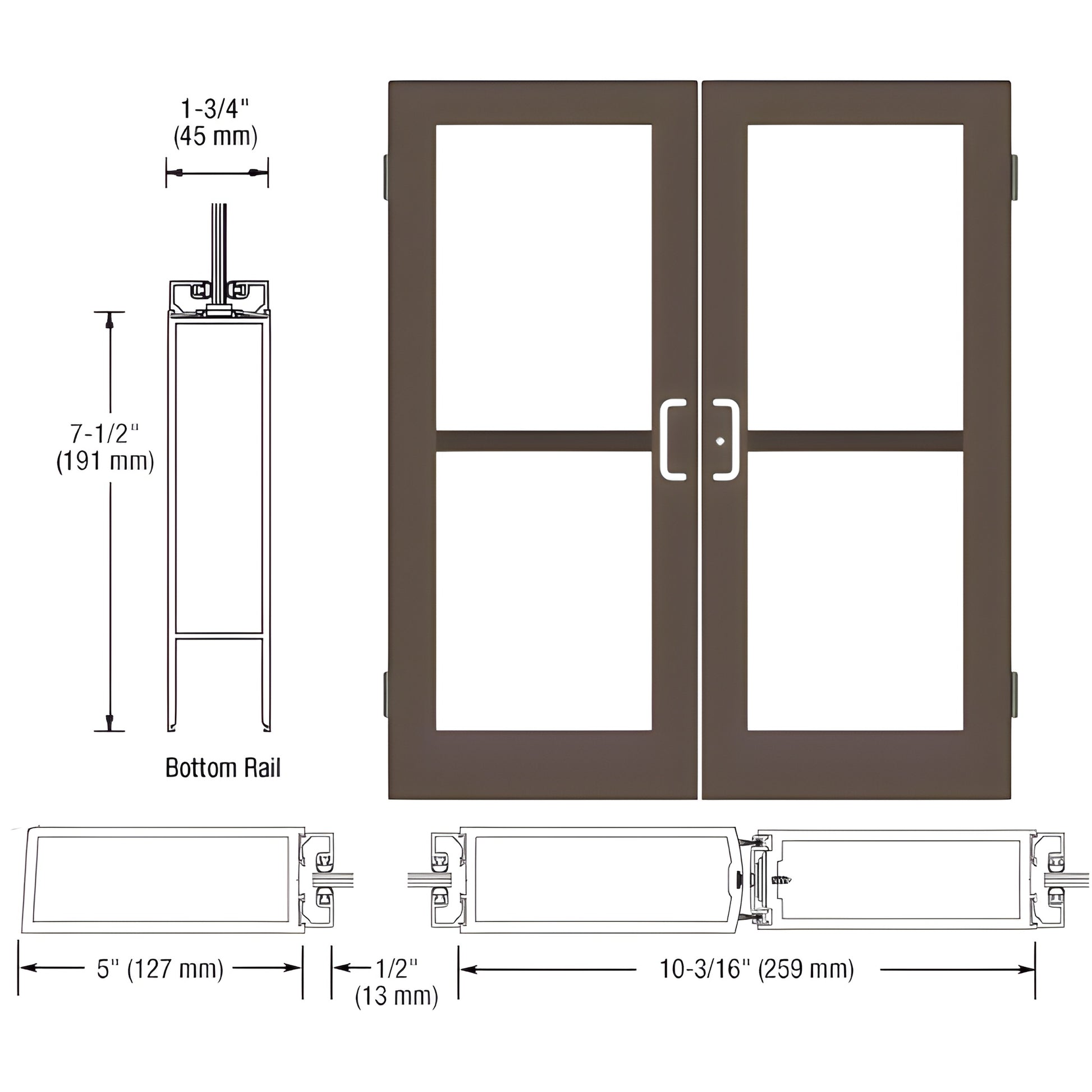 HZ52522 black bronze anodized commercial double entrance door, wide stiles with mid and bottom rails for tempered glass.