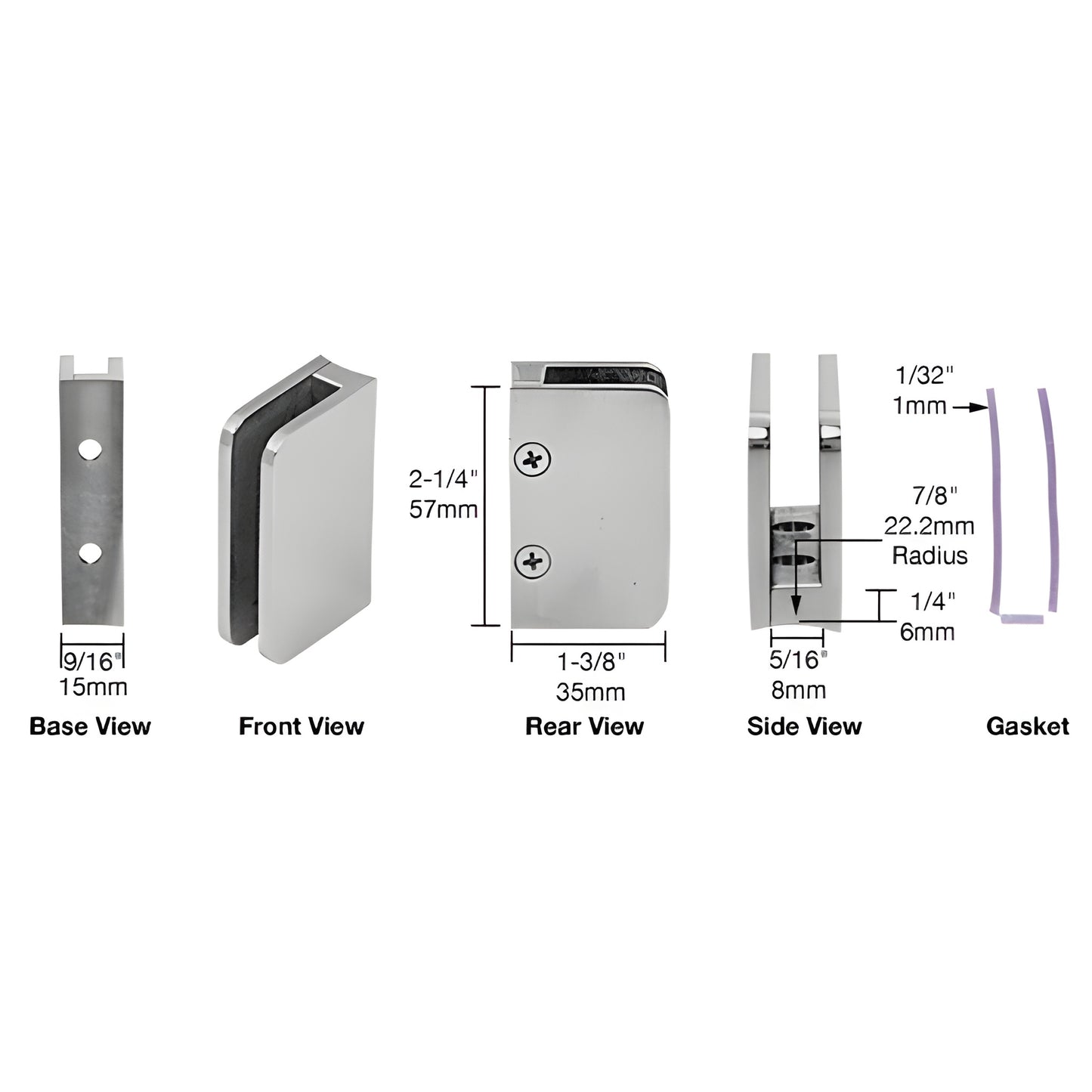 SA94BS brushed stainless steel top-radius back glass clip for 1/4 (6mm) tempered glass, includes gaskets and screws.