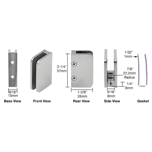 SA94BS brushed stainless steel top-radius back glass clip for 1/4 (6mm) tempered glass, includes gaskets and screws.