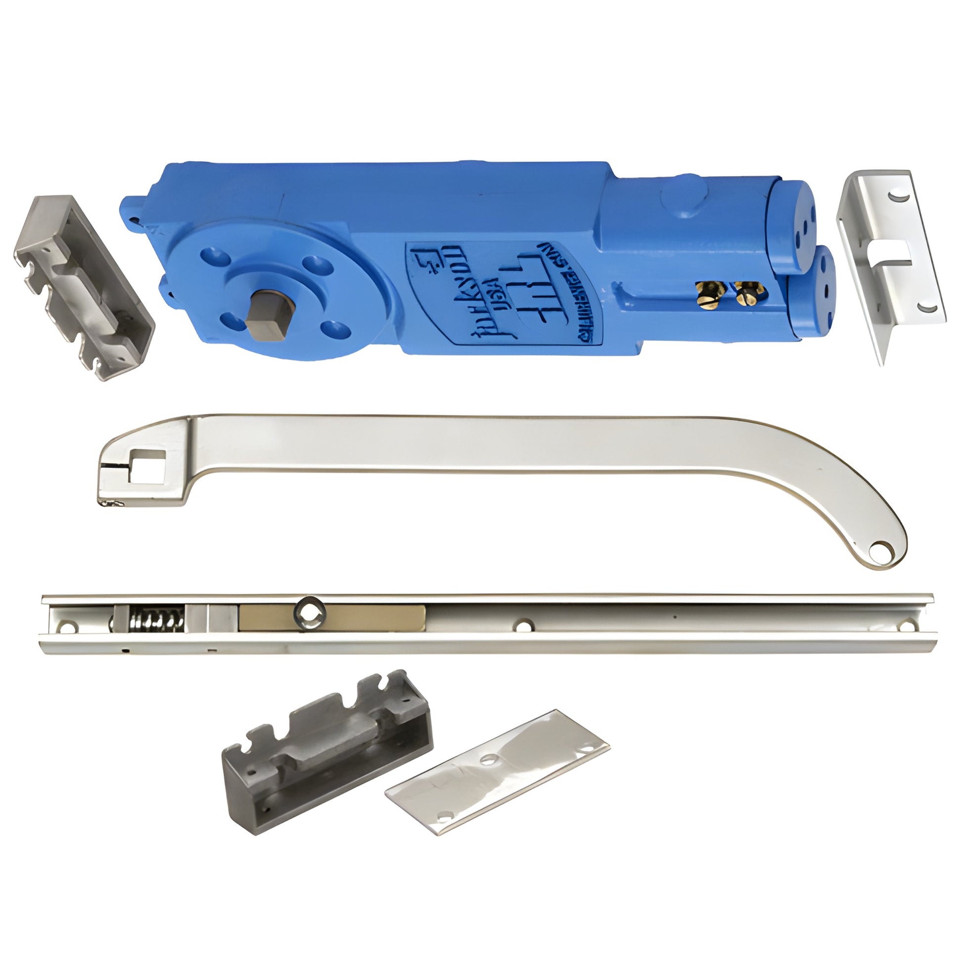 CRL Jackson 21201S62819 overhead concealed door closer kit - blue closer body with aluminum slide arm, channel and brackets.