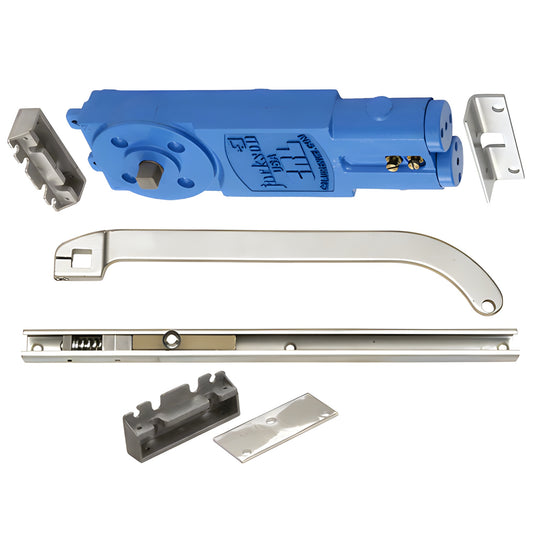 CRL Jackson 21201S62819 overhead concealed door closer kit - blue closer body with aluminum slide arm, channel and brackets.