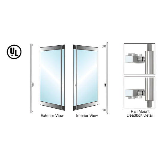 Brushed stainless steel DRS rail-mount access handle with concealed deadbolt for 1/2" glass, left-hand (SKU DB132F2R1BS)