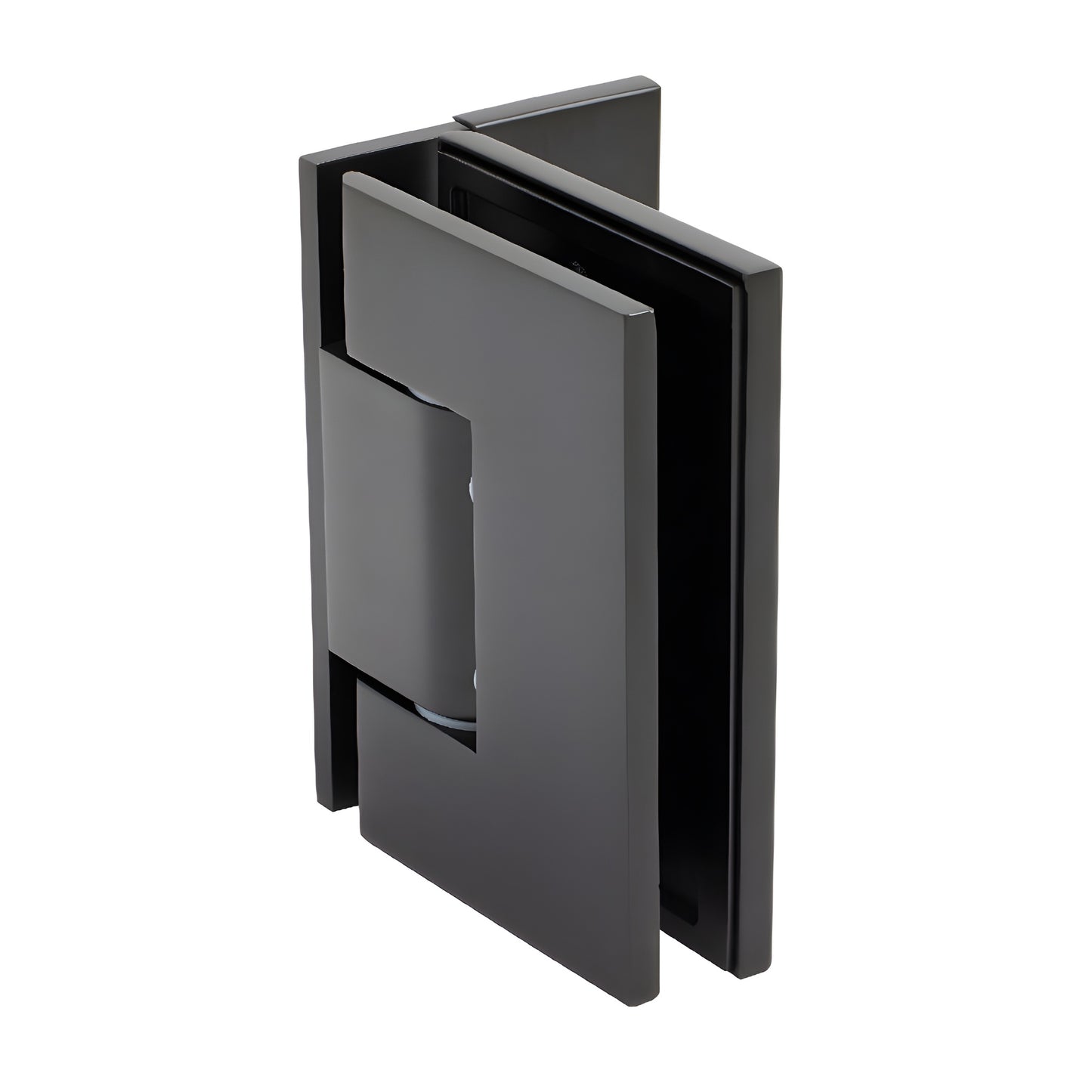 MEL024MBL matte black solid-brass shower door hinge, wall-mount offset design for 8-12mm tempered glass.