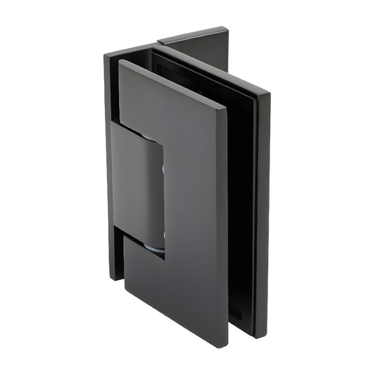 MEL024MBL matte black solid-brass shower door hinge, wall-mount offset design for 8-12mm tempered glass.