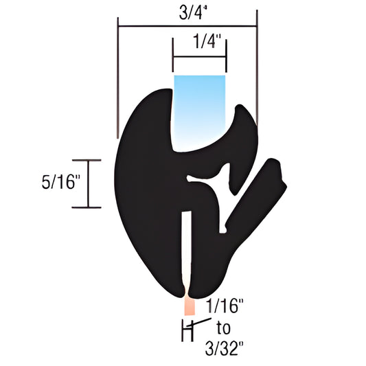Black EPDM one-piece self-sealing weatherstrip cross-section, fits 1/4 glass, 3/4 wide, 5/16 high - SKU 10231.