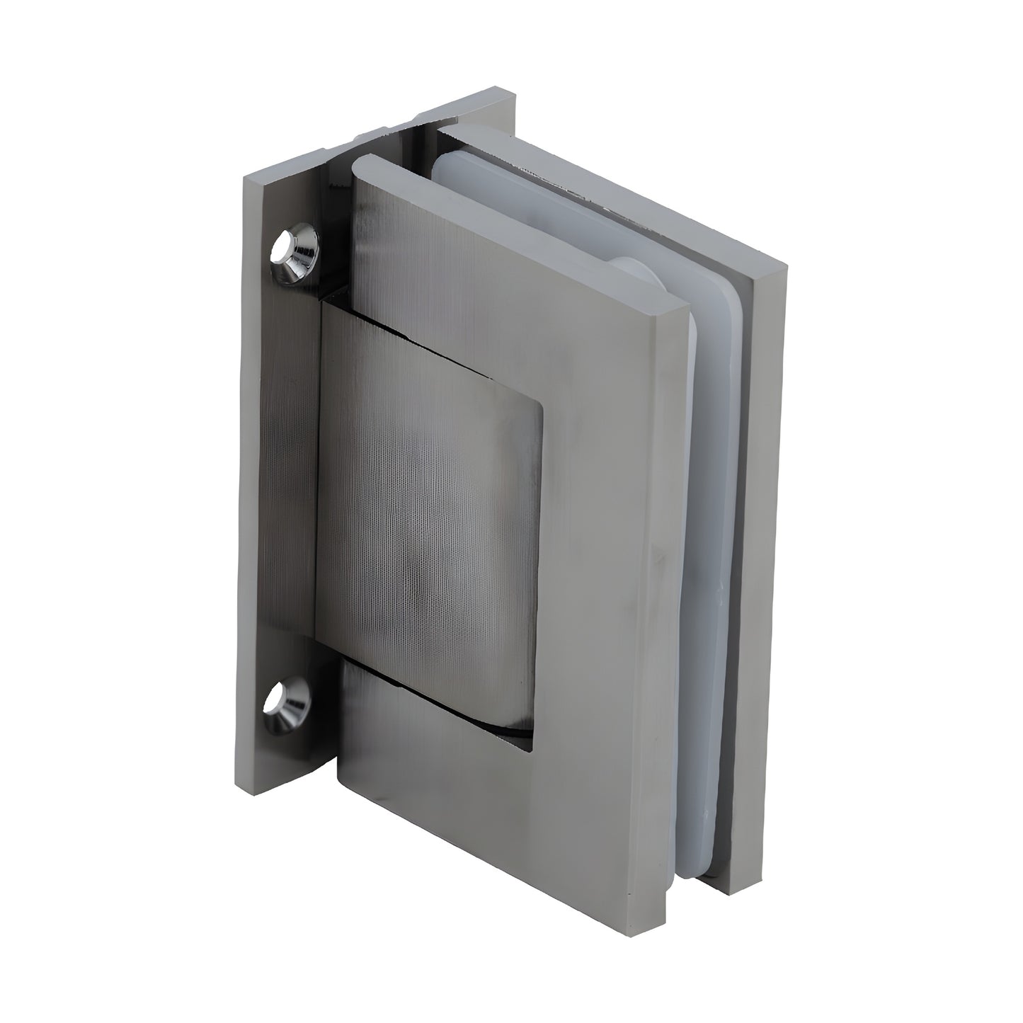 Satin nickel full-back oil-damped wall hinge for frameless glass doors, adjustable self-closing (SKU H8010BTSN)