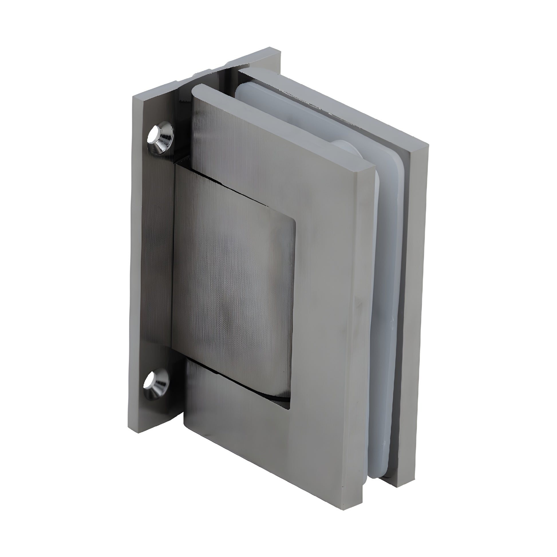 Satin nickel full-back oil-damped wall hinge for frameless glass doors, adjustable self-closing (SKU H8010BTSN)