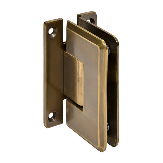 Vintage brass Cologne shower door hinge, H back plate, beveled edges, fits 3/8-1/2 glass (SKU C0L037VBR)