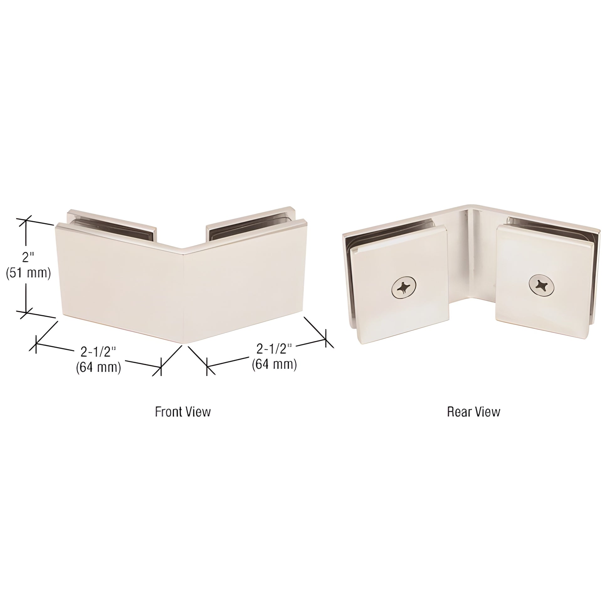 SGC135PN polished nickel square 135 glass-to-glass clamp, solid brass, 2" H x 2-1/2" legs, fits 10-12mm glass.