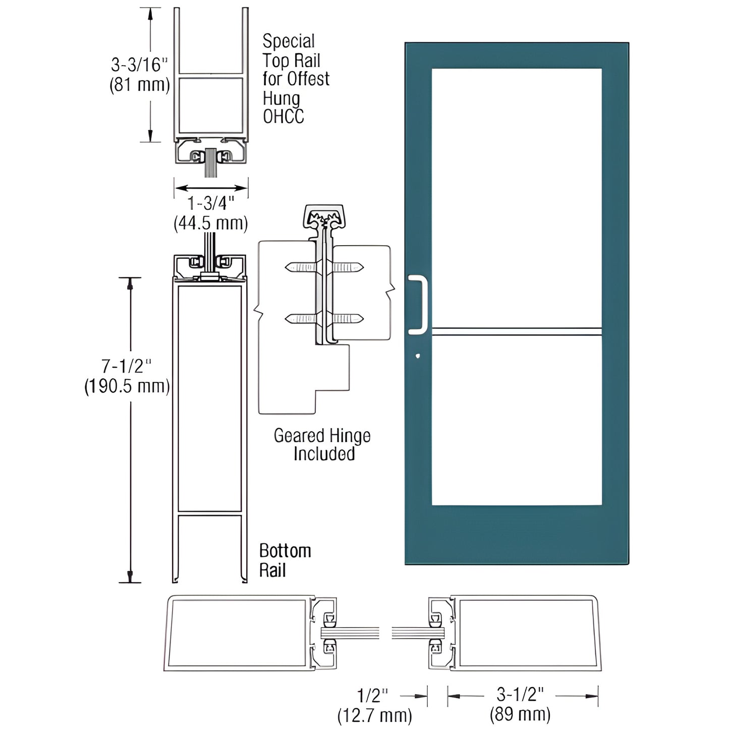 Medium-stile commercial entrance door SKU HE41971 - teal Kynar frame, large glass lite, push/pull hardware, 7-1/2 in rail.