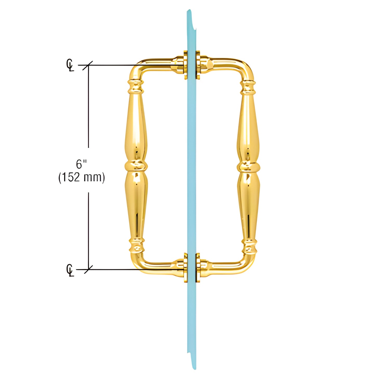 Victorian polished brass solid brass shower/wardrobe pull, 6 in center spacing, fits 1/4-1/2 in glass. SKU V1C6X6BR