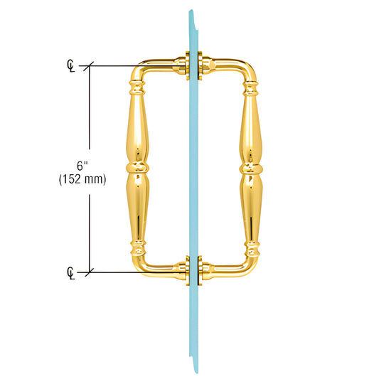 Victorian polished brass solid brass shower/wardrobe pull, 6 in center spacing, fits 1/4-1/2 in glass. SKU V1C6X6BR