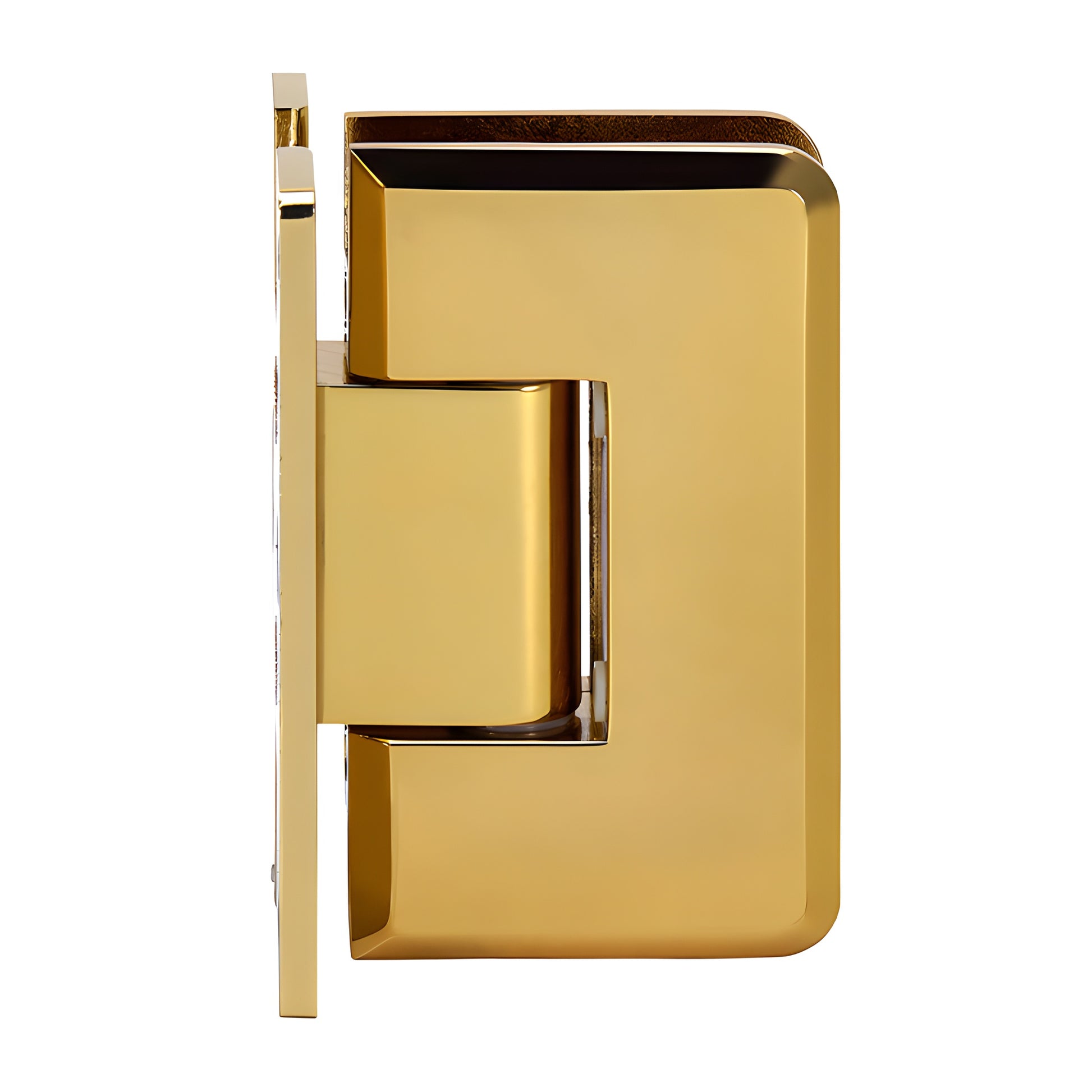 Polished brass Cologne shower hinge (SKU C0L037BR), beveled H back plate, for 10-12mm glass, self-centering.