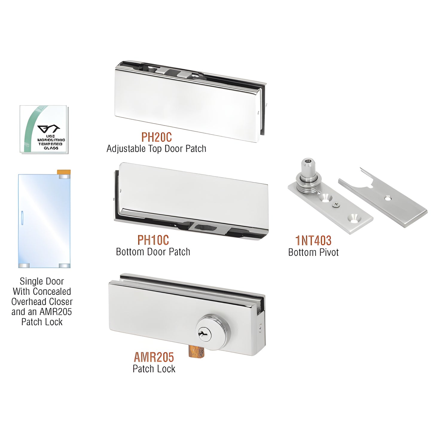 PHA2LA single glass door patch kit (PH20C top, PH10C bottom, 1NT403 pivot, AMR205 lock) satin anodized