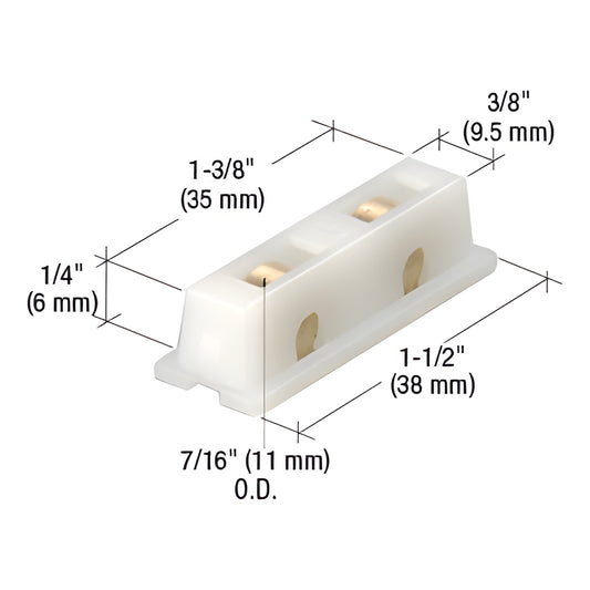 CRL G3222 window roller assembly - nylon housing with twin flat brass rollers, 1-1/2" long, 3/8" wide, 7/16" OD.
