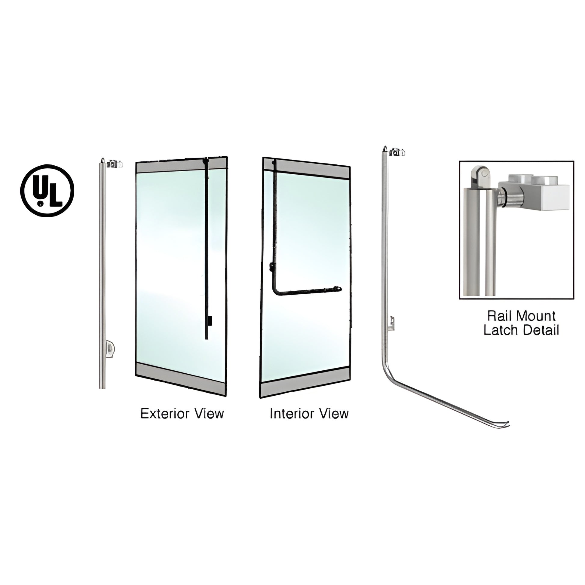 Brushed stainless tubular rail-mount panic handle for 3/4" glass doors, 1-1/4" diameter, left-hand reverse