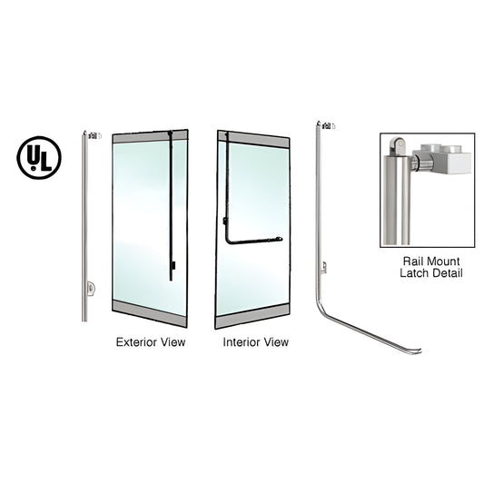 Brushed stainless tubular panic rail handle for 1/2" or 3/4" glass doors, 1-1/4" diameter, left-hand reverse
