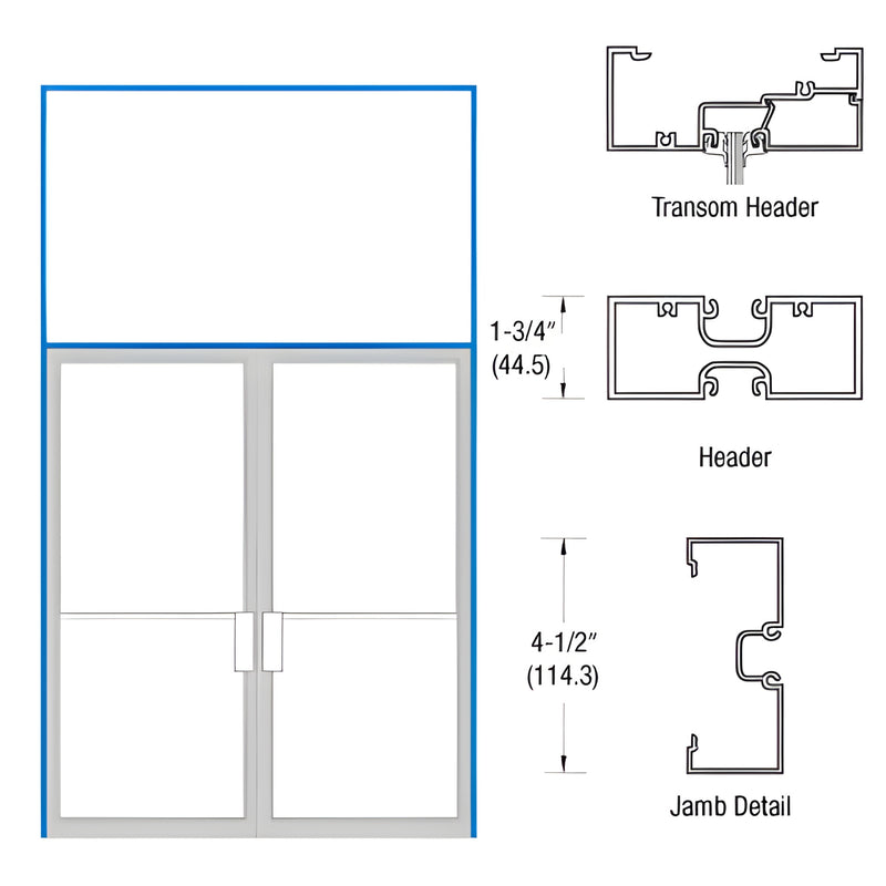 Clear anodized 1-3/4" 4-1/2" transom frame for 72 96" double door with threshold, prepped for offset pivots. SKU DNS20A20FTP1