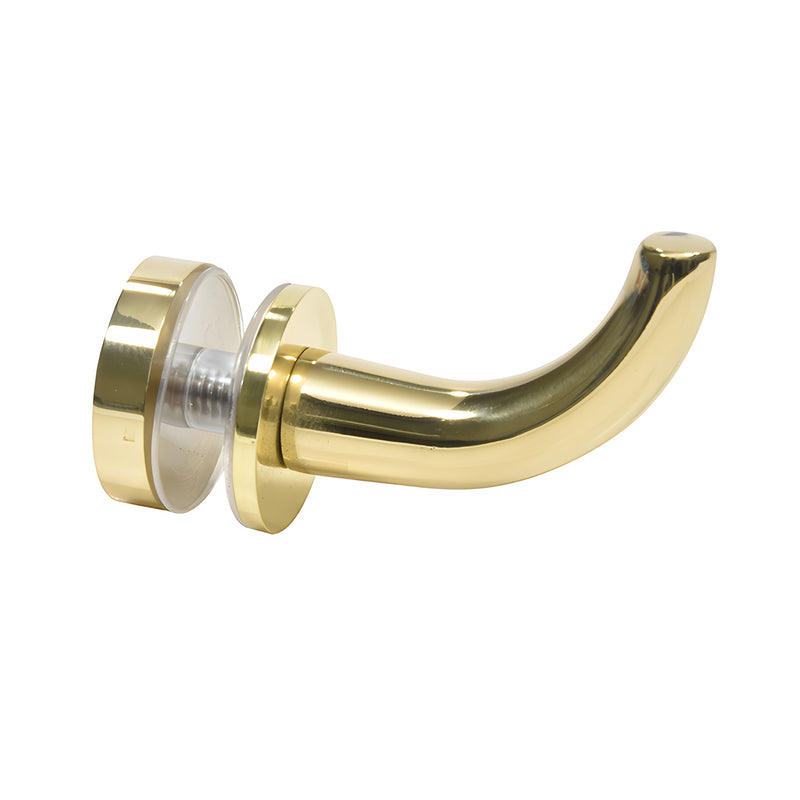 DRH1BR polished brass solid robe hook, curved design for through-glass, wall or UV adhesive mounting