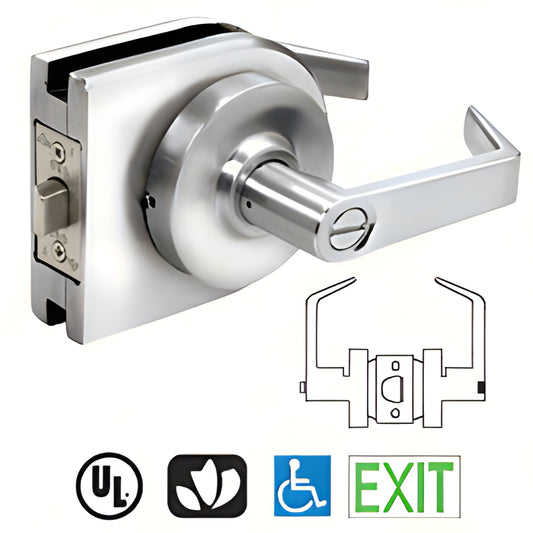 LH45PS polished stainless steel round-cover lever lock housing for 3/8-1/2" glass doors, low-profile commercial exit lever.