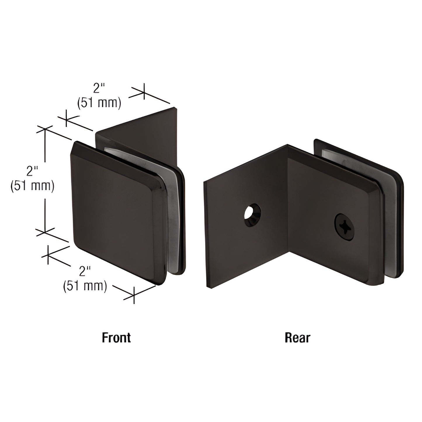 Matte black brass beveled fixed-panel clamp (BGC039MBL) for 3/8-1/2" glass, front and rear views, wall/ceiling mount.