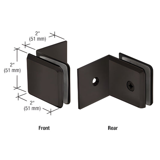 Matte black brass beveled fixed-panel clamp (BGC039MBL) for 3/8-1/2" glass, front and rear views, wall/ceiling mount.