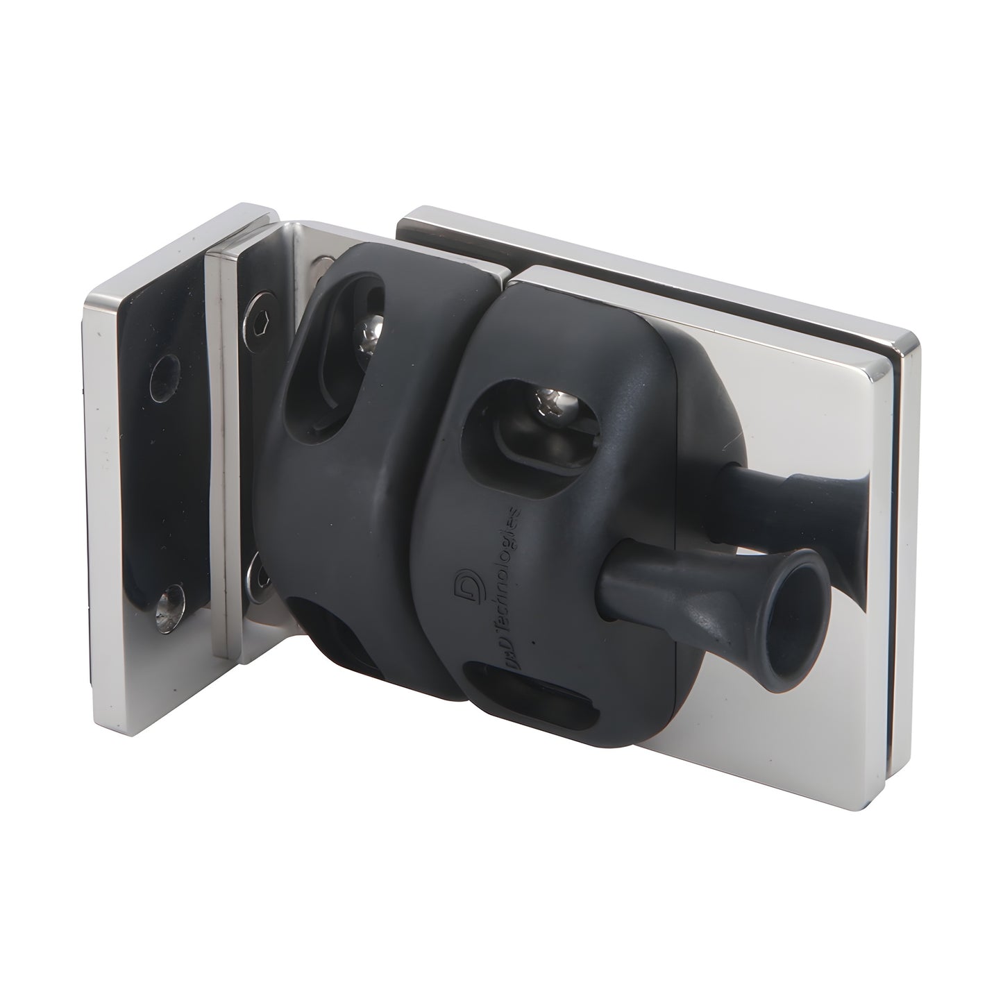 Polished stainless steel interior gate latch (SKU MLSP4PS) with black rubber catch for 1/2" tempered glass.