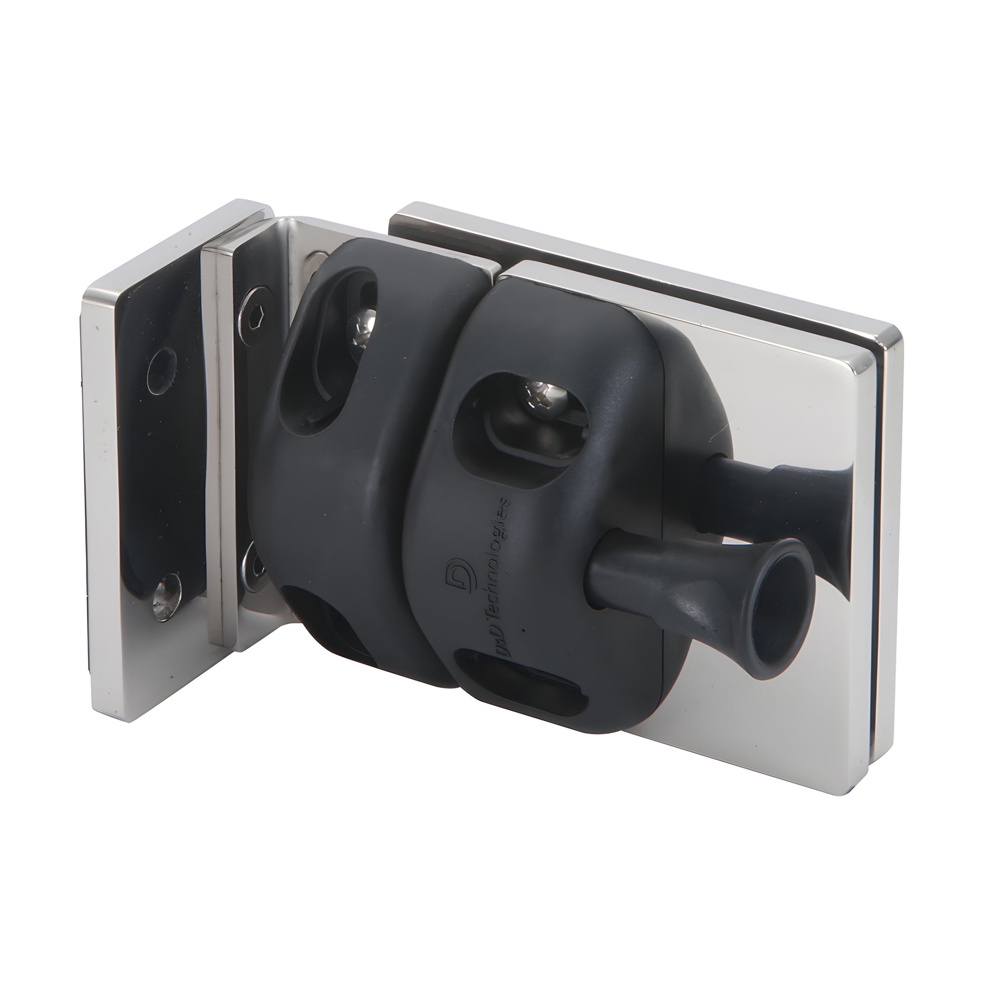 Polished stainless steel interior gate latch (SKU MLSP4PS) with black rubber catch for 1/2" tempered glass.