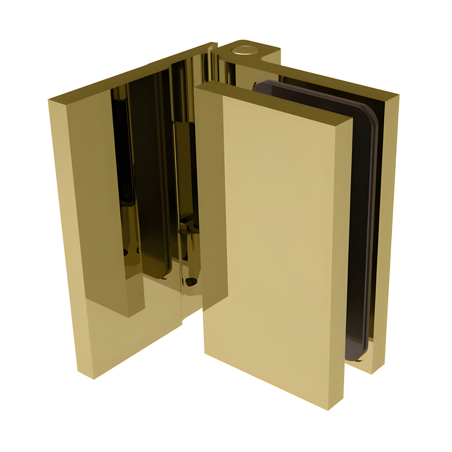 Satin brass wall-mount glass shower hinge (SKU C0M044SB), square profile for 8-10mm glass, 180 outswing.