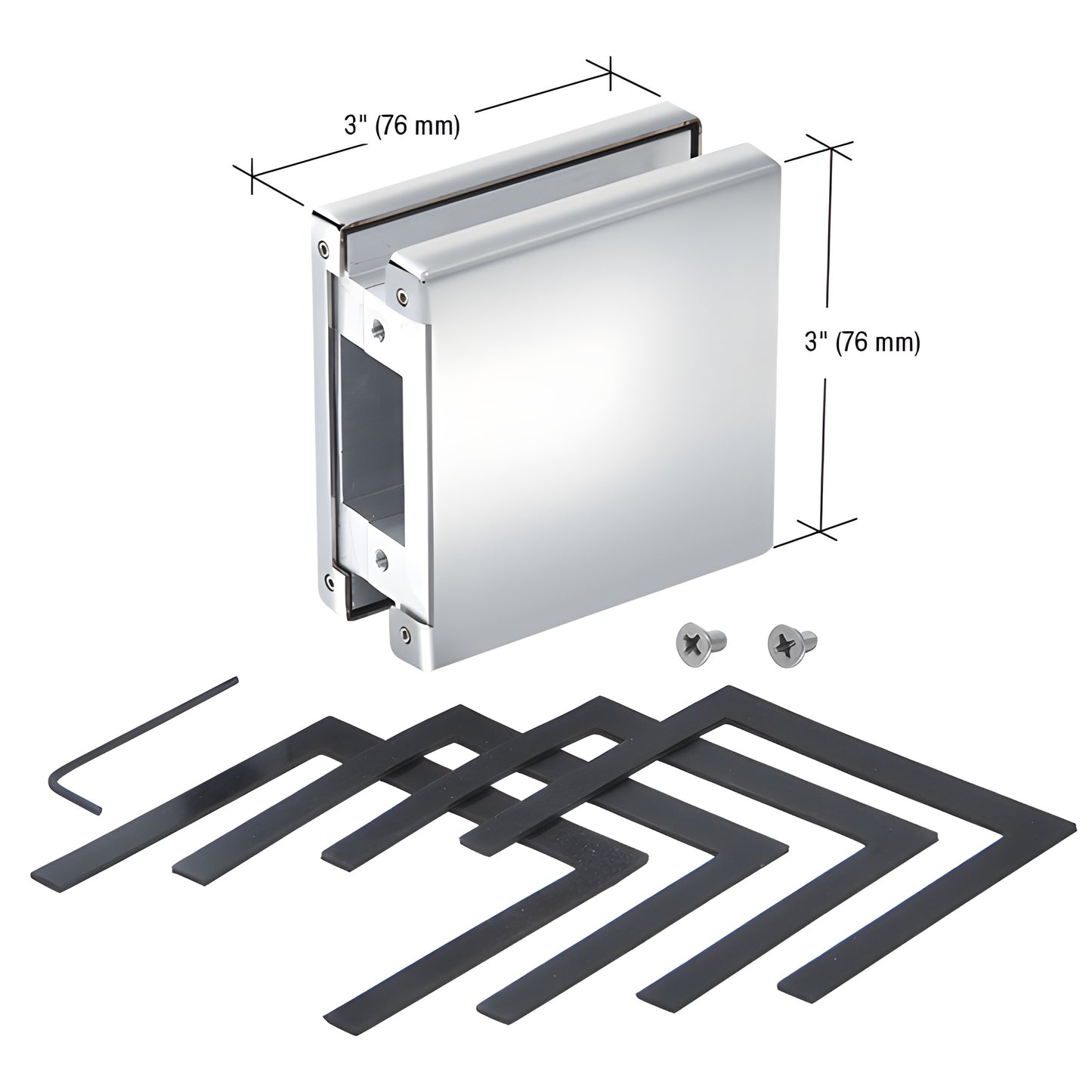 CRL AMR901PS polished stainless steel glass-mounted keeper with shims and screws, fits 3/8"-1/2" tempered glass.