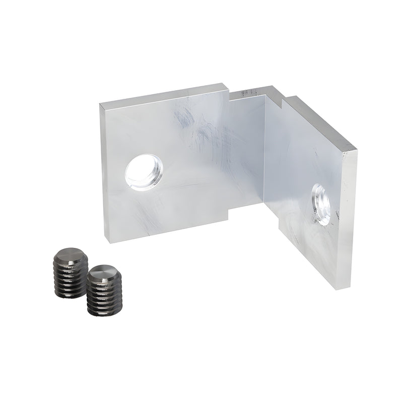 Aluminum L-shaped corner bracket with two threaded set screws, shiny machined finish