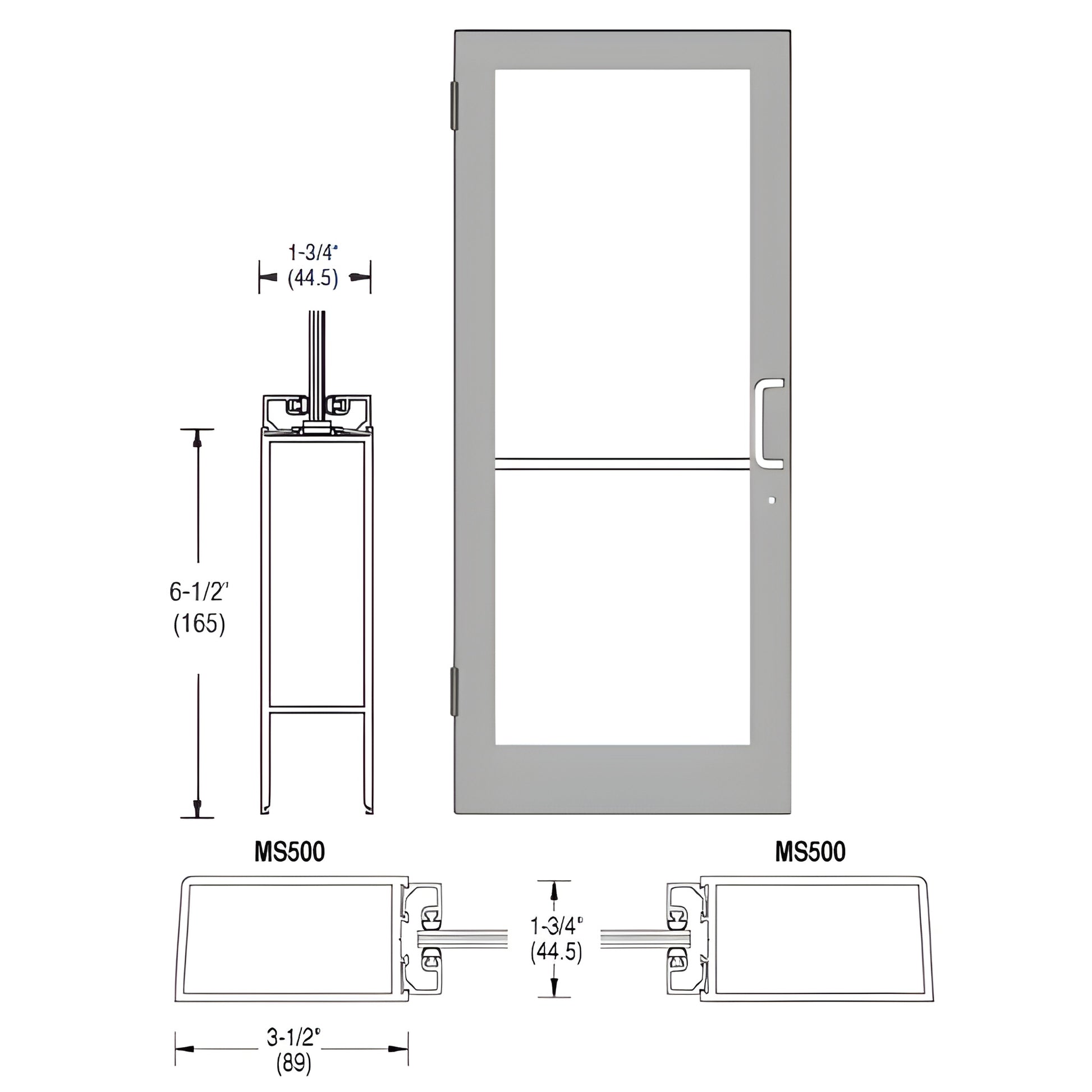 Clear anodized 36x84 in medium-stile commercial glass door, right-latch, push-pull handle & hinges. SKU DC41511R036