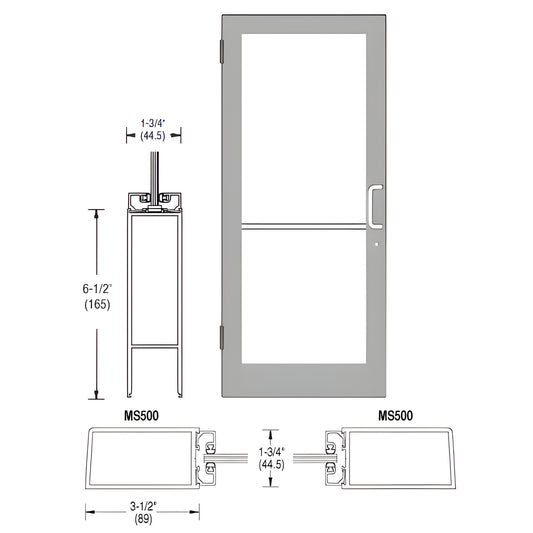 Clear anodized 36x84 in medium-stile commercial glass door, right-latch, push-pull handle & hinges. SKU DC41511R036