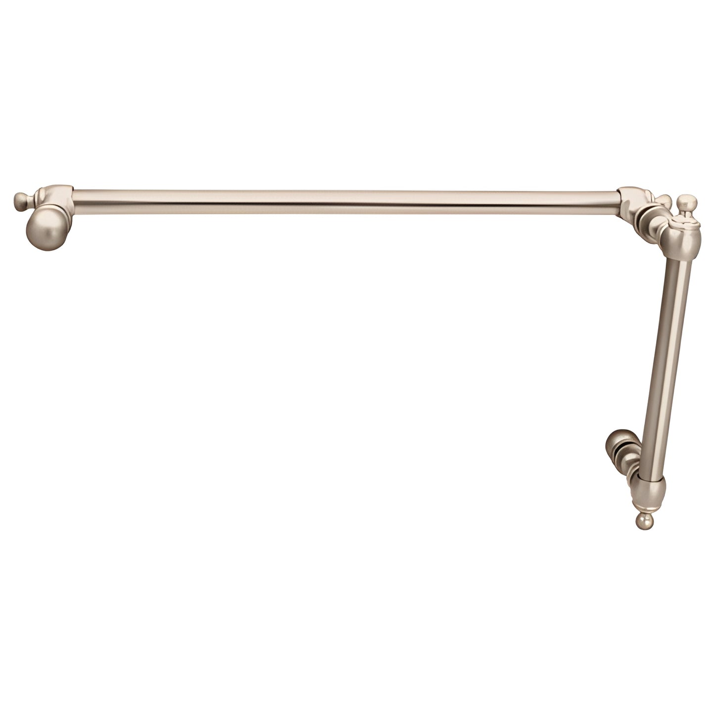 Polished nickel Colonial-style pull handle with 18" towel bar for tempered glass doors, tubular brass.