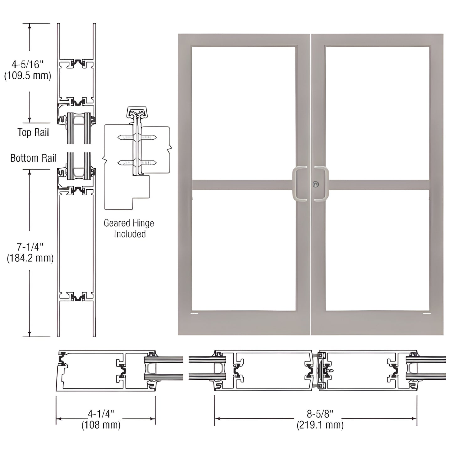 CRL SKU 1Z42811 clear anodized medium stile double entrance door with 7-1/4" bottom rail, prepped for panic hardware.