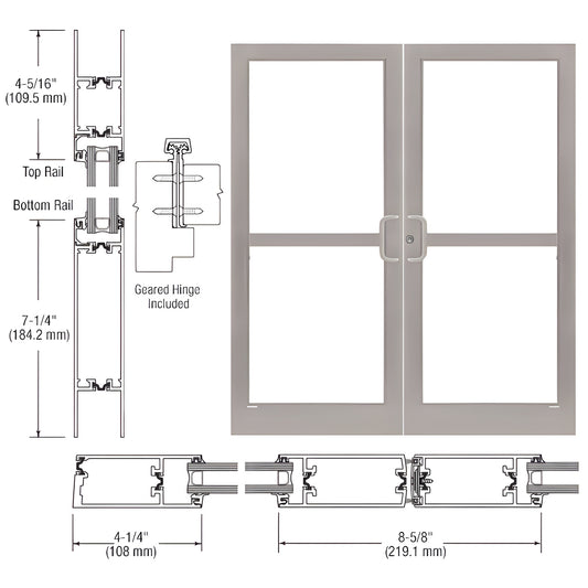 CRL SKU 1Z42811 clear anodized medium stile double entrance door with 7-1/4" bottom rail, prepped for panic hardware.