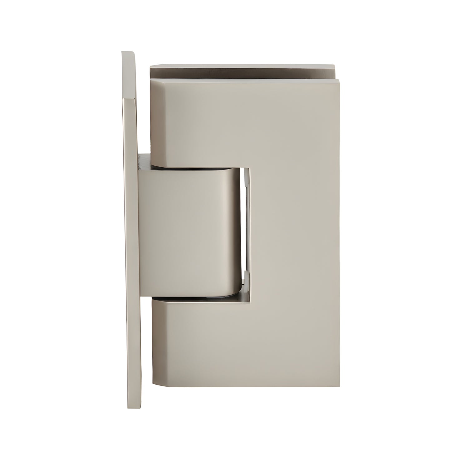 Satin nickel Vienna shower door hinge (V1E037SN), brass full back plate, for 3/8-1/2" glass, squared design.