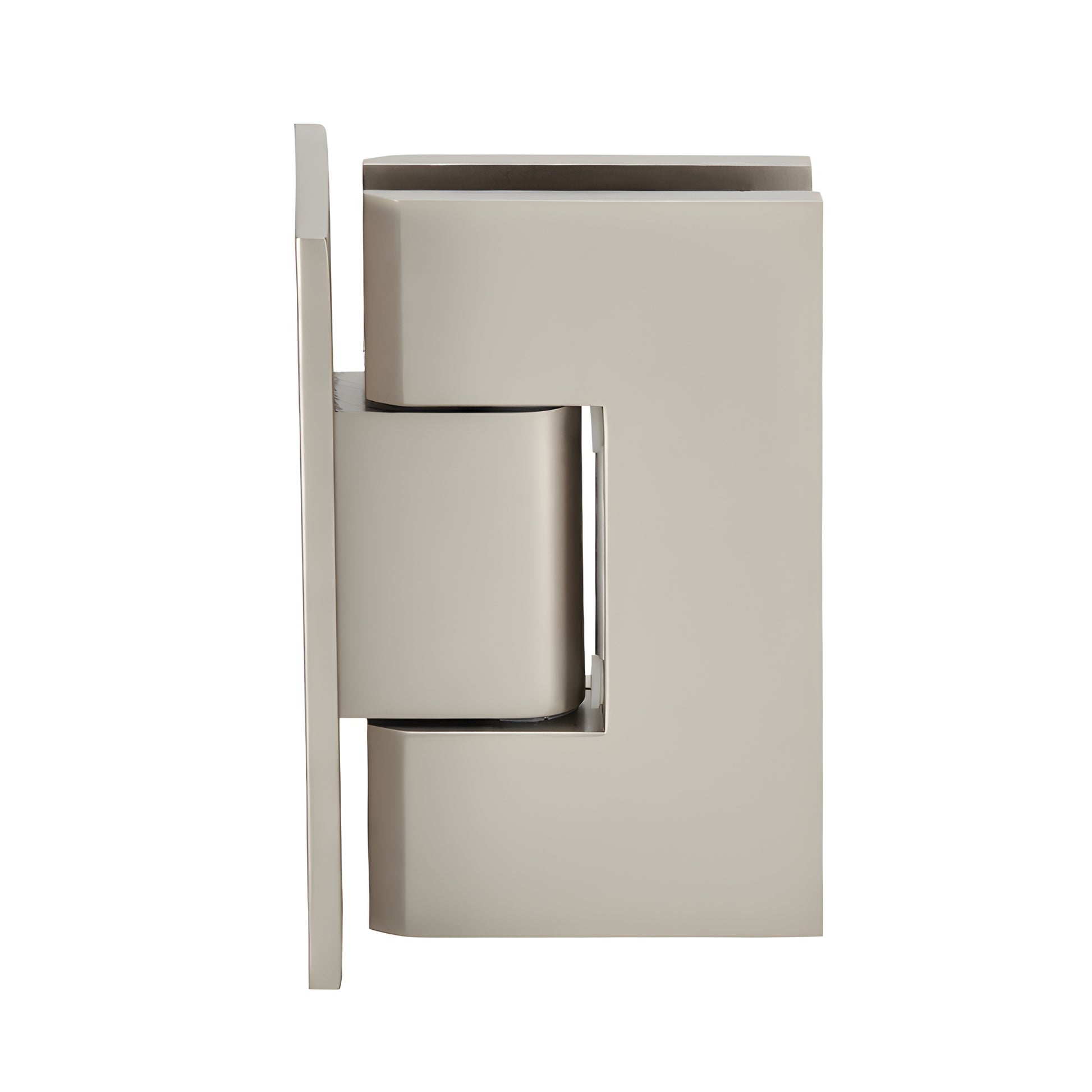 Satin nickel Vienna shower door hinge (V1E037SN), brass full back plate, for 3/8-1/2" glass, squared design.
