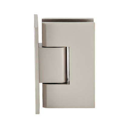 Satin nickel Vienna shower door hinge (V1E037SN), brass full back plate, for 3/8-1/2" glass, squared design.