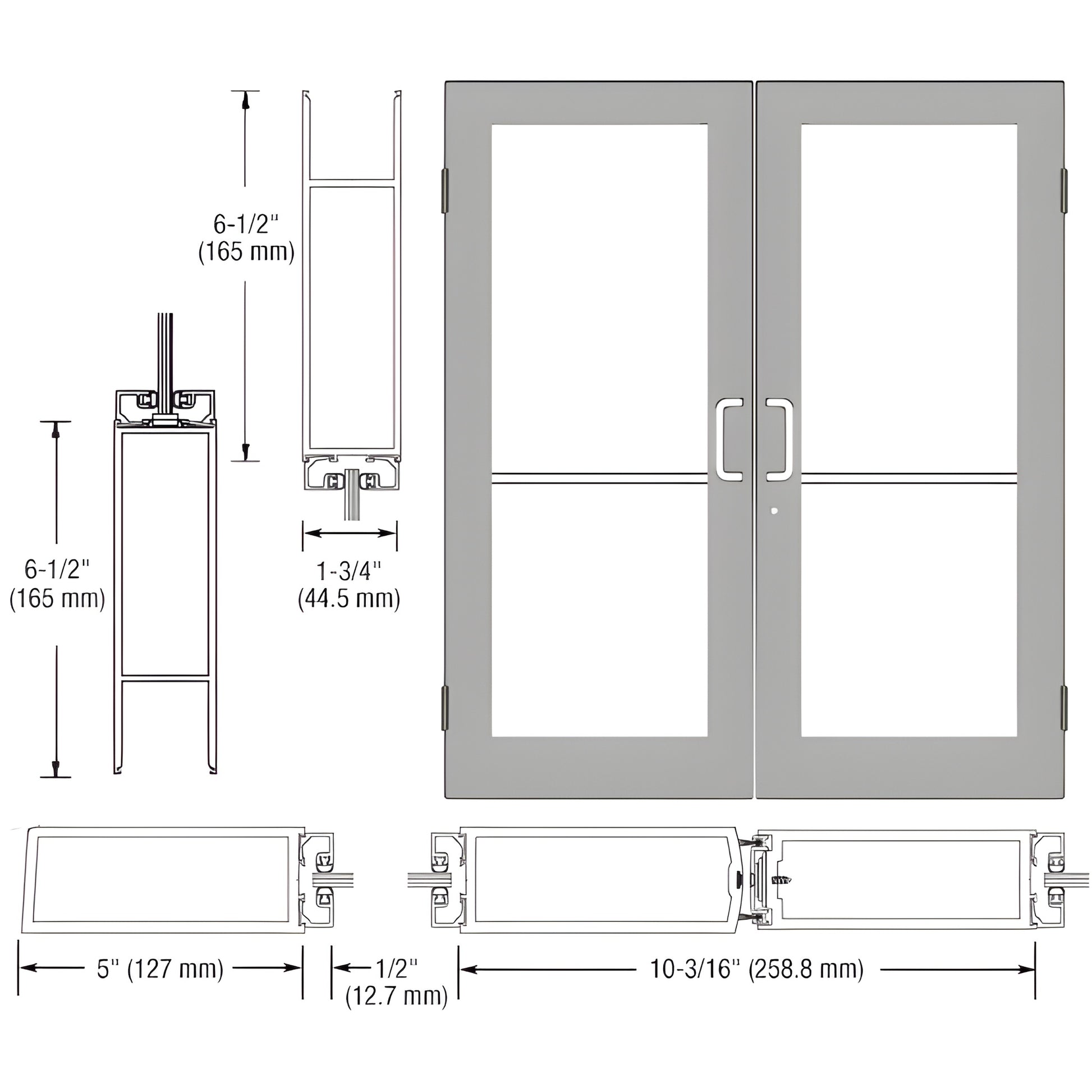 DC52411 custom wide-stile commercial double glass entry door, clear anodized aluminum frame with pull handles and dimensions.